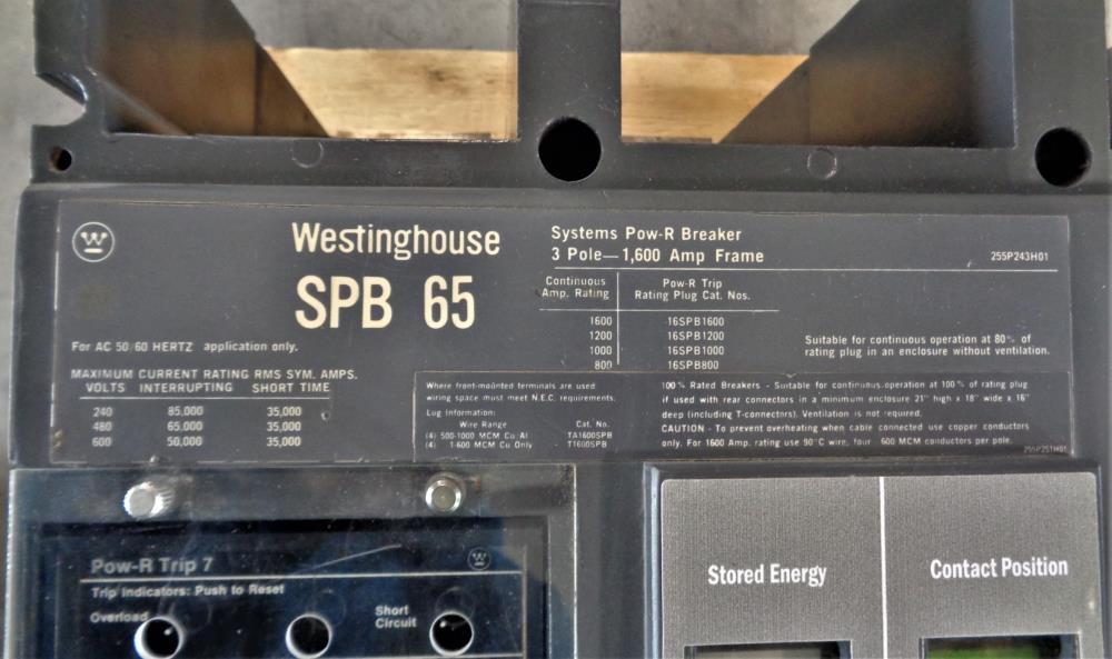 Westinghouse SPB 65 System Pow-R Circuit Breaker, 3-Pole, 1,600 Amp